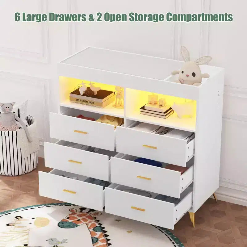 Commode à langer multi-fonctionnelle avec lumières LED et prise électrique (6 tiroirs + 2 étagères)