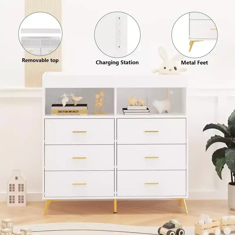 Commode à langer multi-fonctionnelle avec lumières LED et prise électrique (6 tiroirs + 2 étagères)