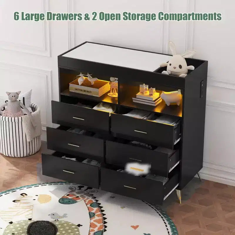 Commode à langer multi-fonctionnelle avec lumières LED et prise électrique (6 tiroirs + 2 étagères)