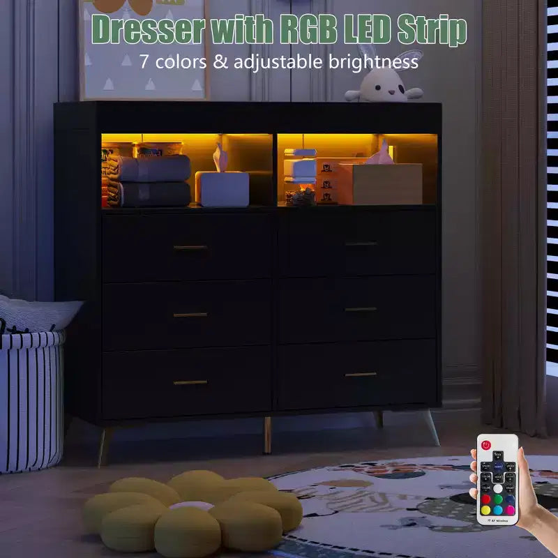 Commode à langer multi-fonctionnelle avec lumières LED et prise électrique (6 tiroirs + 2 étagères)