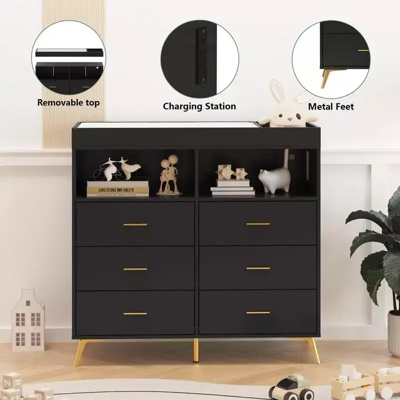 Commode à langer multi-fonctionnelle avec lumières LED et prise électrique (6 tiroirs + 2 étagères)