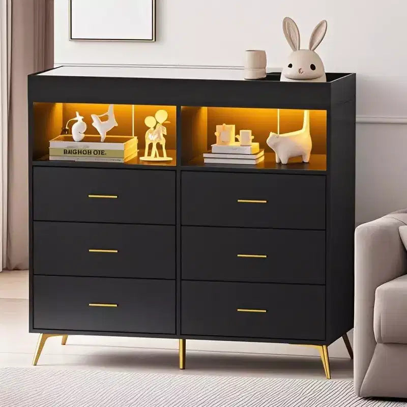 Commode à langer multi-fonctionnelle avec lumières LED et prise électrique (6 tiroirs + 2 étagères)