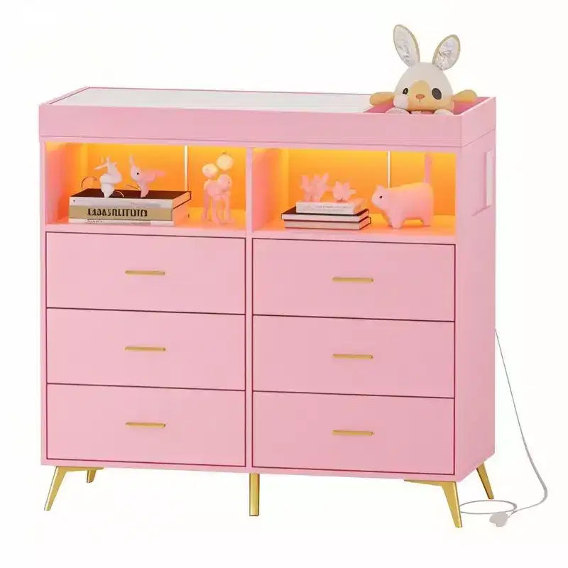 Commode à langer multi-fonctionnelle avec lumières LED et prise électrique (6 tiroirs + 2 étagères)