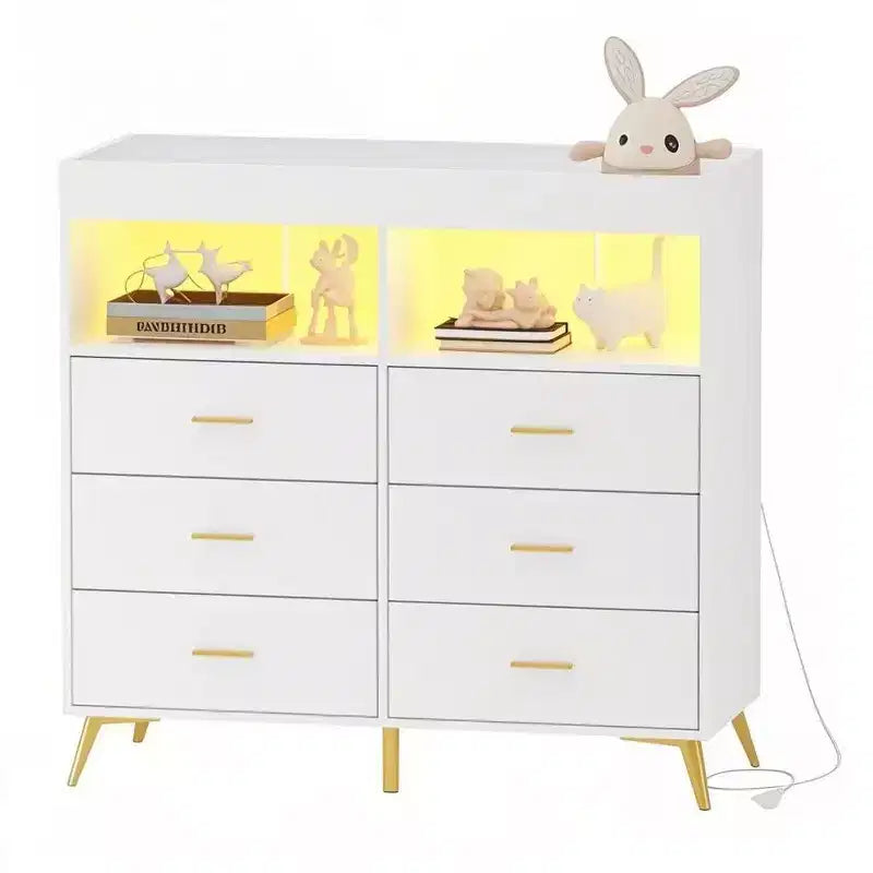 Commode à langer multi-fonctionnelle avec lumières LED et prise électrique (6 tiroirs + 2 étagères)