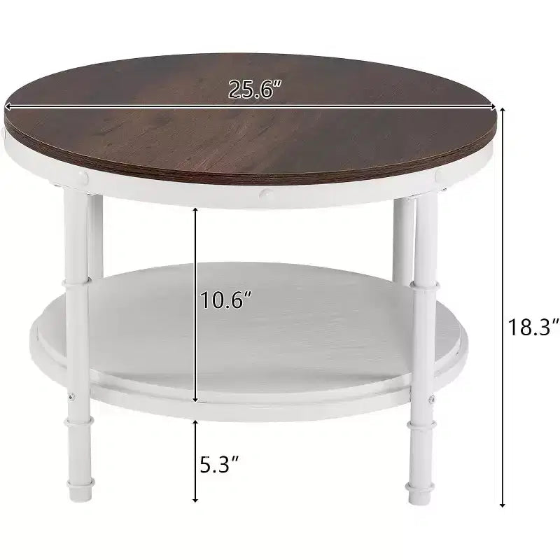 VINGLI Table basse ronde de ferme 25,6" en chêne rustique blanc, table d'appoint circulaire centrale en bois à 2 niveaux pour salon