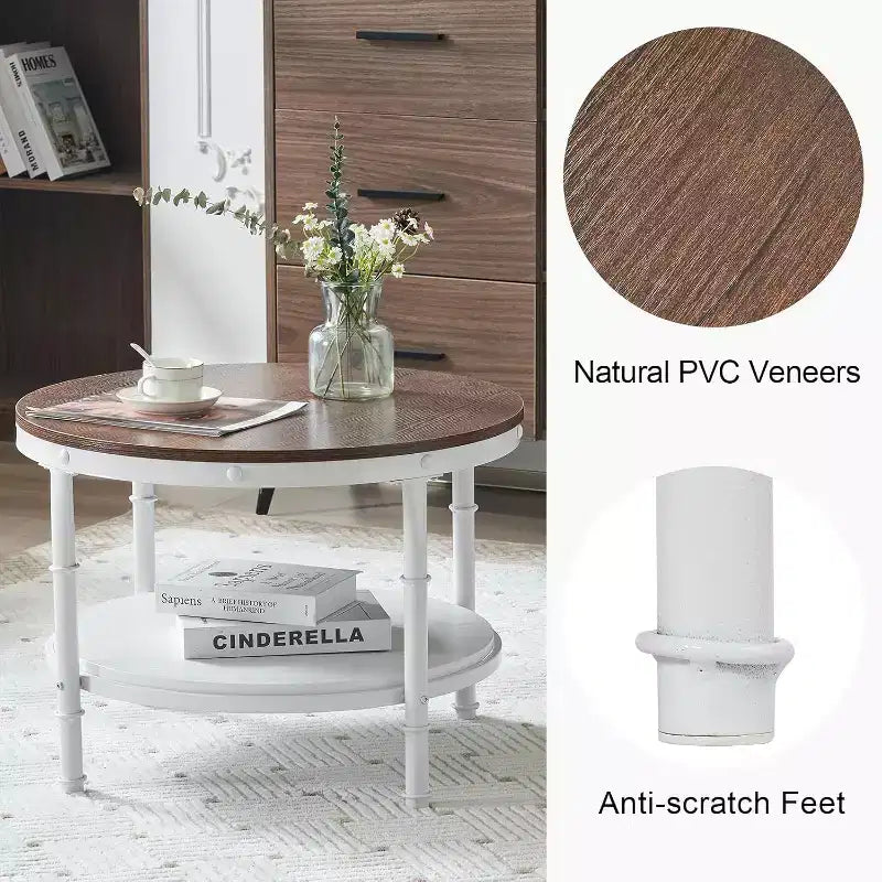 VINGLI Table basse ronde de ferme 25,6" en chêne rustique blanc, table d'appoint circulaire centrale en bois à 2 niveaux pour salon