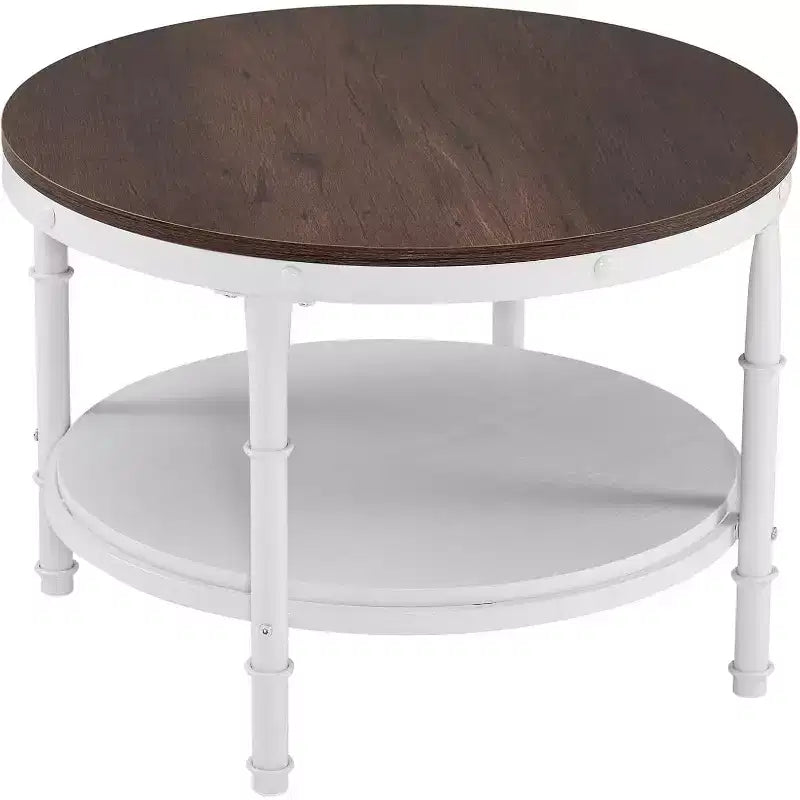 VINGLI Table basse ronde de ferme 25,6" en chêne rustique blanc, table d'appoint circulaire centrale en bois à 2 niveaux pour salon