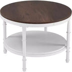 VINGLI Table basse ronde de ferme 25,6" en chêne rustique blanc, table d'appoint circulaire centrale en bois à 2 niveaux pour salon