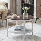 VINGLI Table basse ronde de ferme 25,6" en chêne rustique blanc, table d'appoint circulaire centrale en bois à 2 niveaux pour salon