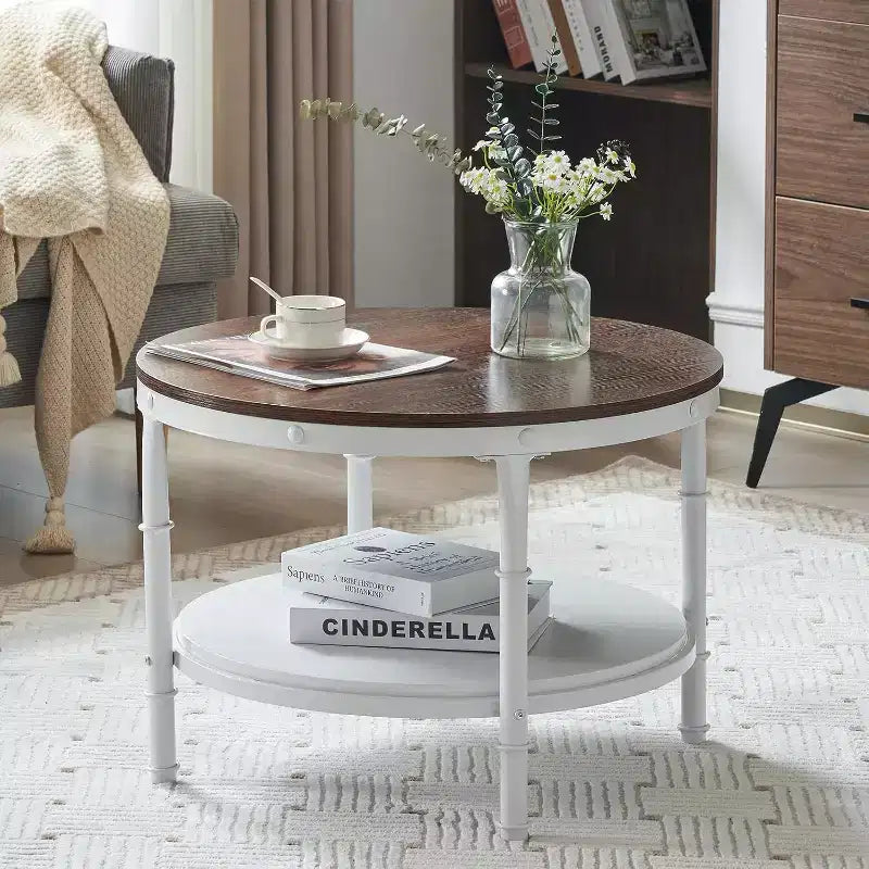 VINGLI Table basse ronde de ferme 25,6" en chêne rustique blanc, table d'appoint circulaire centrale en bois à 2 niveaux pour salon