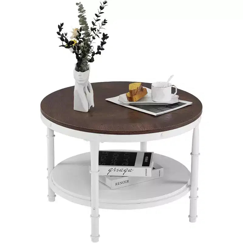 VINGLI Table basse ronde de ferme 25,6" en chêne rustique blanc, table d'appoint circulaire centrale en bois à 2 niveaux pour salon