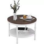 VINGLI Table basse ronde de ferme 25,6" en chêne rustique blanc, table d'appoint circulaire centrale en bois à 2 niveaux pour salon