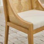 MAYEERTY Rattan Dining Chair - Solid Wood Frame, Decorative Armrests, Linen Seat, Rustic Style, Natural Finish, Single Pack