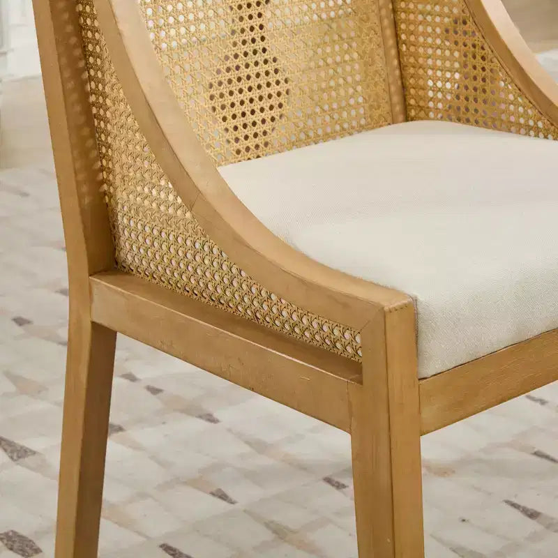 MAYEERTY Rattan Dining Chair - Solid Wood Frame, Decorative Armrests, Linen Seat, Rustic Style, Natural Finish, Single Pack