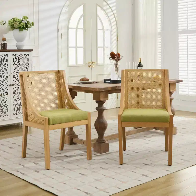 MAYEERTY Rattan Dining Chair - Solid Wood Frame, Decorative Armrests, Linen Seat, Rustic Style, Natural Finish, Single Pack