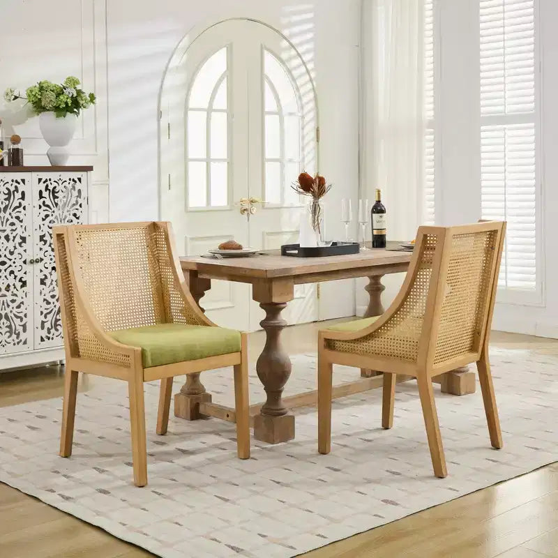 MAYEERTY Rattan Dining Chair - Solid Wood Frame, Decorative Armrests, Linen Seat, Rustic Style, Natural Finish, Single Pack
