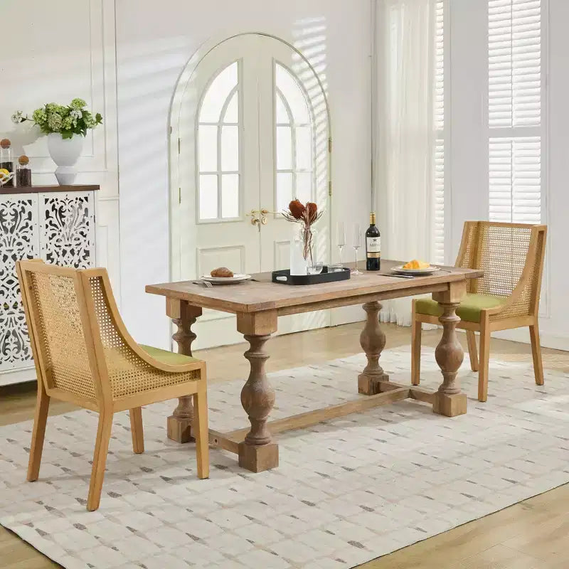 MAYEERTY Rattan Dining Chair - Solid Wood Frame, Decorative Armrests, Linen Seat, Rustic Style, Natural Finish, Single Pack