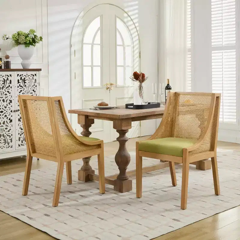 MAYEERTY Rattan Dining Chair - Solid Wood Frame, Decorative Armrests, Linen Seat, Rustic Style, Natural Finish, Single Pack