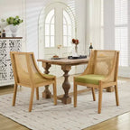 MAYEERTY Rattan Dining Chair - Solid Wood Frame, Decorative Armrests, Linen Seat, Rustic Style, Natural Finish, Single Pack