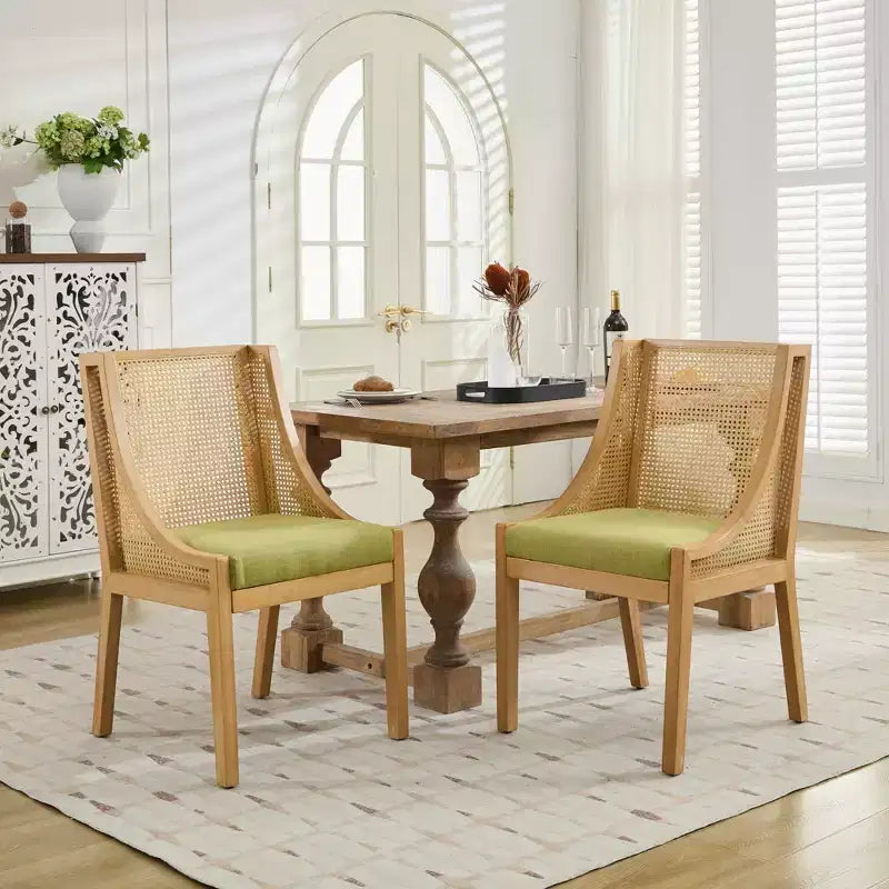 MAYEERTY Rattan Dining Chair - Solid Wood Frame, Decorative Armrests, Linen Seat, Rustic Style, Natural Finish, Single Pack