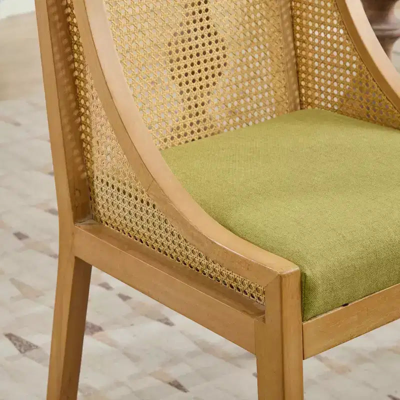 MAYEERTY Rattan Dining Chair - Solid Wood Frame, Decorative Armrests, Linen Seat, Rustic Style, Natural Finish, Single Pack