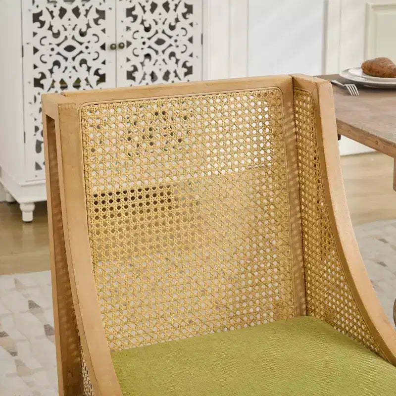 MAYEERTY Rattan Dining Chair - Solid Wood Frame, Decorative Armrests, Linen Seat, Rustic Style, Natural Finish, Single Pack