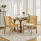 MAYEERTY Rattan Dining Chair - Solid Wood Frame, Decorative Armrests, Linen Seat, Rustic Style, Natural Finish, Single Pack