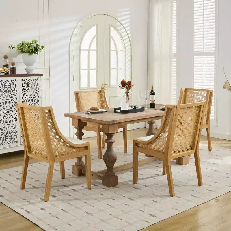 MAYEERTY Rattan Dining Chair - Solid Wood Frame, Decorative Armrests, Linen Seat, Rustic Style, Natural Finish, Single Pack
