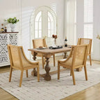 MAYEERTY Rattan Dining Chair - Solid Wood Frame, Decorative Armrests, Linen Seat, Rustic Style, Natural Finish, Single Pack