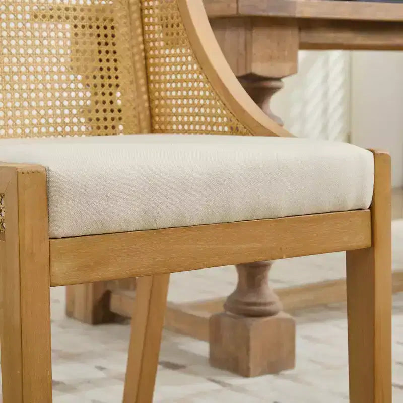 MAYEERTY Rattan Dining Chair - Solid Wood Frame, Decorative Armrests, Linen Seat, Rustic Style, Natural Finish, Single Pack