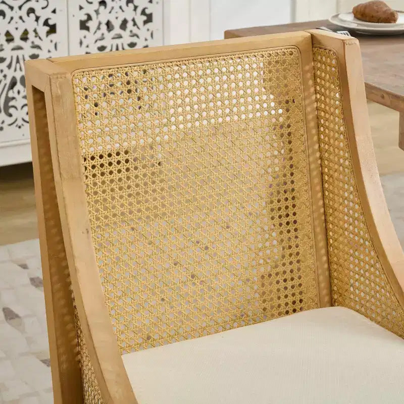 MAYEERTY Rattan Dining Chair - Solid Wood Frame, Decorative Armrests, Linen Seat, Rustic Style, Natural Finish, Single Pack