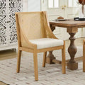 MAYEERTY Rattan Dining Chair - Solid Wood Frame, Decorative Armrests, Linen Seat, Rustic Style, Natural Finish, Single Pack