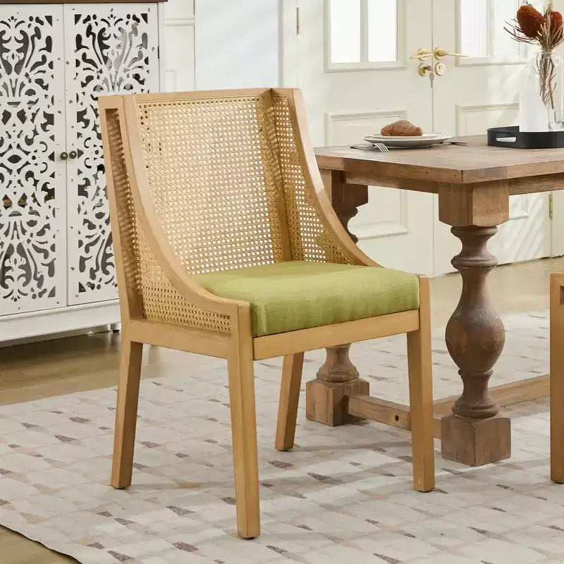 MAYEERTY Rattan Dining Chair - Solid Wood Frame, Decorative Armrests, Linen Seat, Rustic Style, Natural Finish, Single Pack