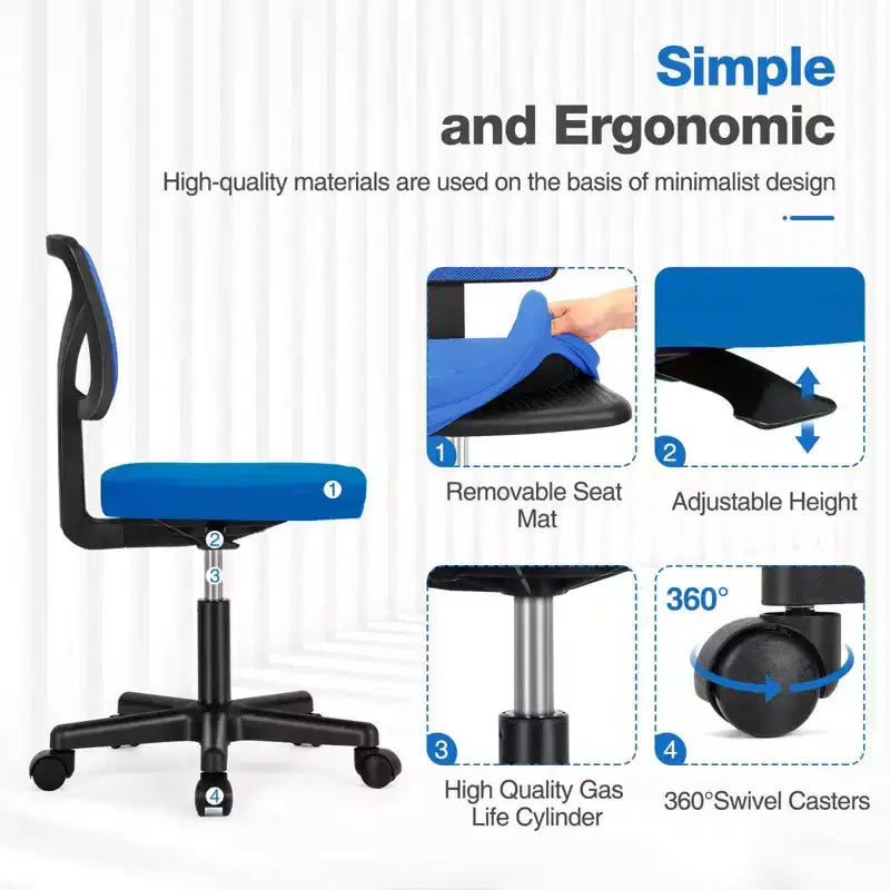 Chaise de bureau Okak dossier bas en maille, sans accoudoirs, chaise d'ordinateur avec support lombaire, chaise de bureau pour l'étude, la salle de lecture, le bureau