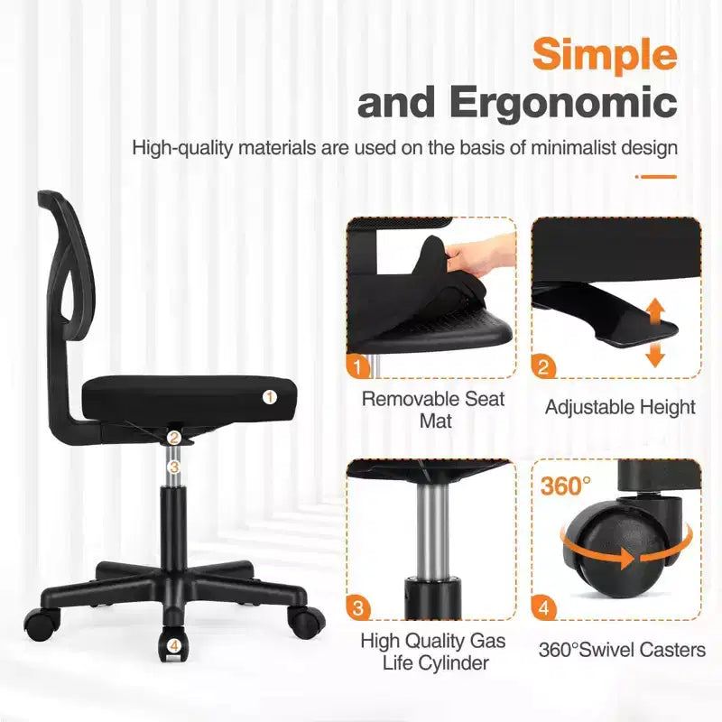 Chaise de bureau Okak dossier bas en maille, sans accoudoirs, chaise d'ordinateur avec support lombaire, chaise de bureau pour l'étude, la salle de lecture, le bureau