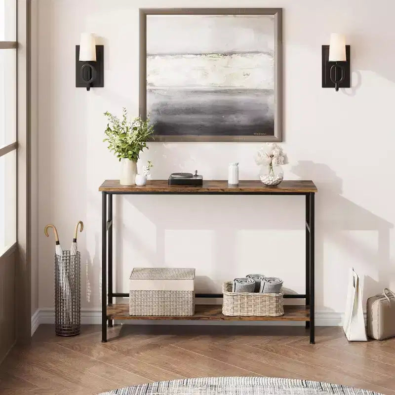 Table d'entrée de 100 cm, Table console de canapé industrielle à 2 niveaux avec rangement, Table d'appoint, pour Entrée, Couloir, Vestibule, Cadre en métal en forme de U