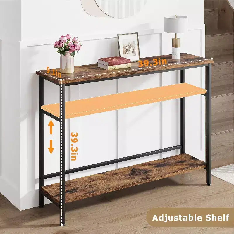 Table d'entrée de 100 cm, Table console de canapé industrielle à 2 niveaux avec rangement, Table d'appoint, pour Entrée, Couloir, Vestibule, Cadre en métal en forme de U