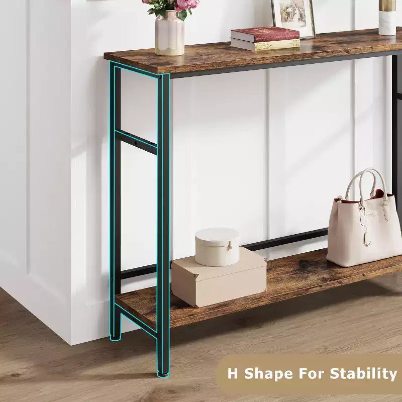 Table d'entrée de 100 cm, Table console de canapé industrielle à 2 niveaux avec rangement, Table d'appoint, pour Entrée, Couloir, Vestibule, Cadre en métal en forme de U