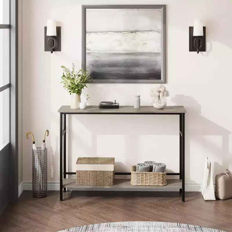 Table d'entrée de 100 cm, Table console de canapé industrielle à 2 niveaux avec rangement, Table d'appoint, pour Entrée, Couloir, Vestibule, Cadre en métal en forme de U