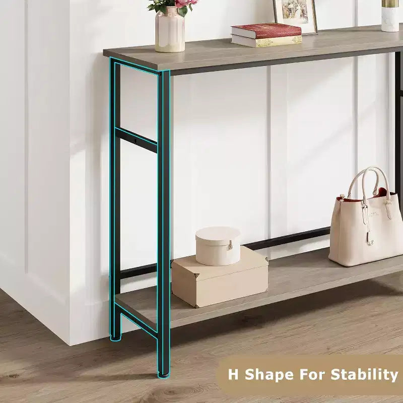 Table d'entrée de 100 cm, Table console de canapé industrielle à 2 niveaux avec rangement, Table d'appoint, pour Entrée, Couloir, Vestibule, Cadre en métal en forme de U
