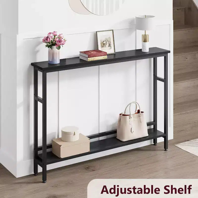 Table d'entrée de 100 cm, Table console de canapé industrielle à 2 niveaux avec rangement, Table d'appoint, pour Entrée, Couloir, Vestibule, Cadre en métal en forme de U