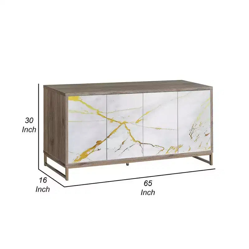 Bahut console Royal Hampton, aspect marbre blanc 4 portes marron 65 pouces
