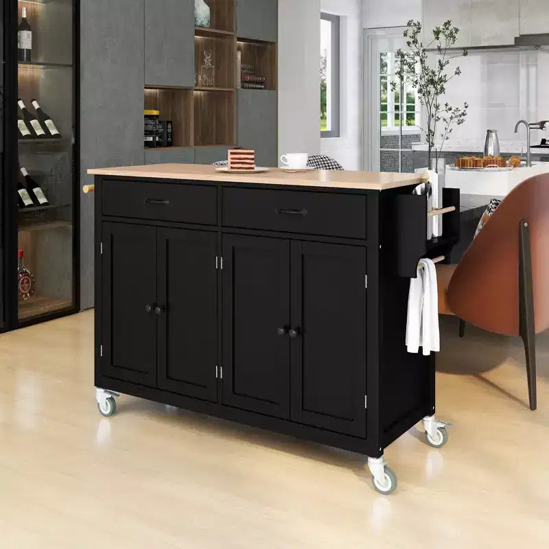 JVNOXK-Kitchen Island Cart with Solid Wood Top and Locking Wheels,54.3 Inch Width,4 Door Cabinet and Two Drawers,Spice Rack, Black