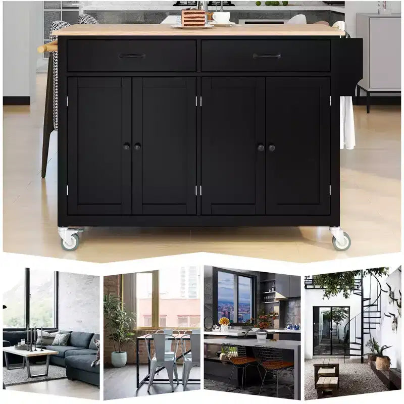 JVNOXK-Kitchen Island Cart with Solid Wood Top and Locking Wheels,54.3 Inch Width,4 Door Cabinet and Two Drawers,Spice Rack, Black