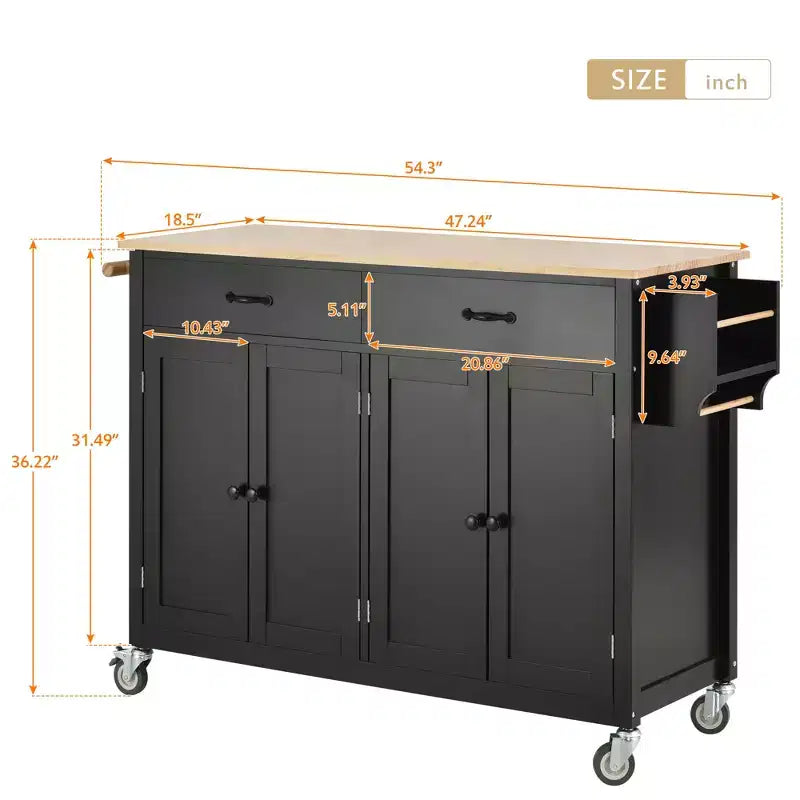 JVNOXK-Kitchen Island Cart with Solid Wood Top and Locking Wheels,54.3 Inch Width,4 Door Cabinet and Two Drawers,Spice Rack, Black