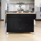JVNOXK-Kitchen Island Cart with Solid Wood Top and Locking Wheels,54.3 Inch Width,4 Door Cabinet and Two Drawers,Spice Rack, Black