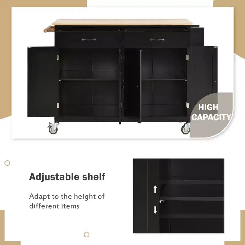 JVNOXK-Kitchen Island Cart with Solid Wood Top and Locking Wheels,54.3 Inch Width,4 Door Cabinet and Two Drawers,Spice Rack, Black