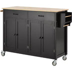 JVNOXK-Kitchen Island Cart with Solid Wood Top and Locking Wheels,54.3 Inch Width,4 Door Cabinet and Two Drawers,Spice Rack, Black