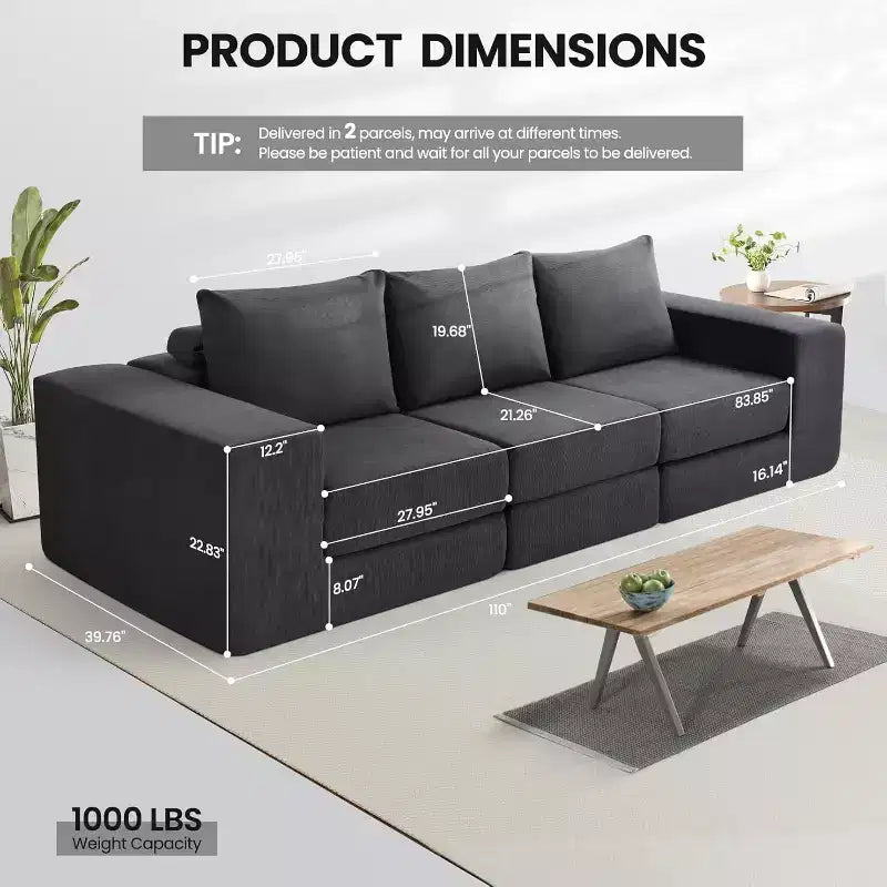 Homdox Canapé-lit 3 places 110 Cloud avec assise profonde et base antidérapante, méridienne en forme de L pour salon, aucun assemblage requis,
