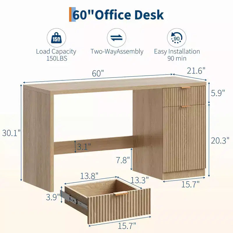 60 Executive Desk with Storage, Modern Home Office Desk with Drawer & Cabinet, Wood Fluted Computer Desks Workstation Writing Conference Table